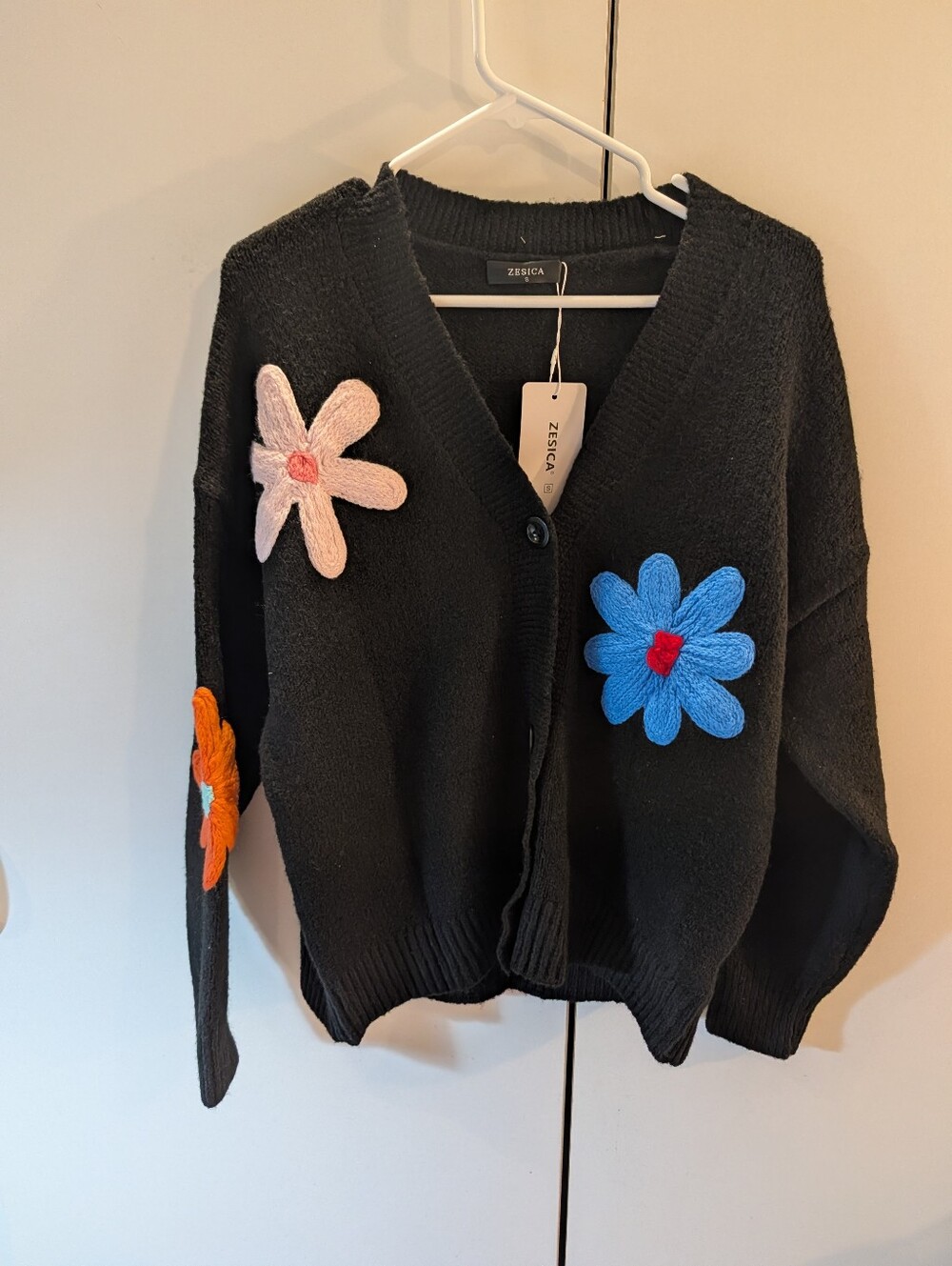 Zesica Woman's Black Small Floral Appliqué Button Cardigan Sweater NWT On